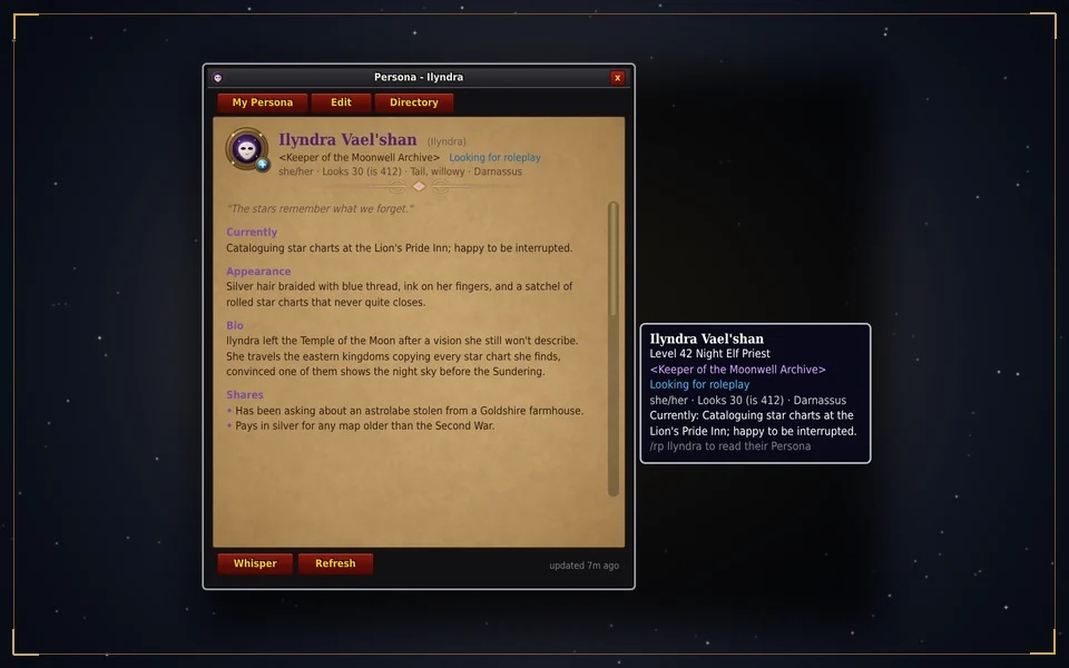 Persona roleplay profile window and player tooltip