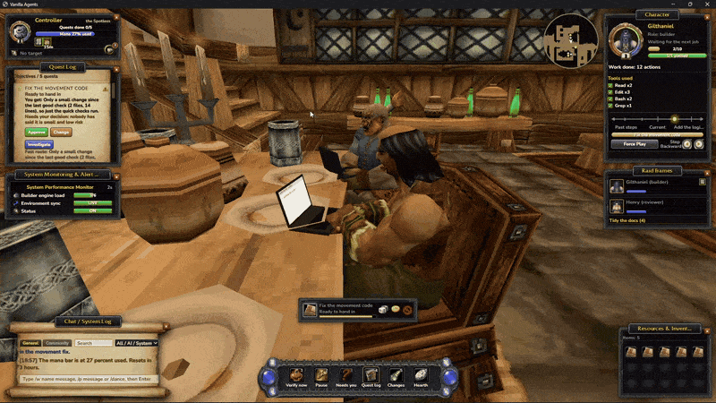 Vanilla Agents at work: helpers at their laptops in the inn, the quest log, raid frames, chat and the action bar