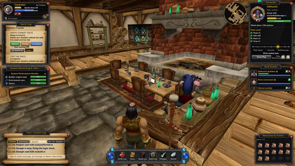 You, a character in the inn, standing by a table where a helper works at an open laptop, the fireplace behind