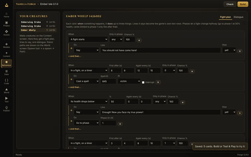 Vanilla Forge: a boss fight laid out in two phases as cards, with a yell at half health and a spell every eight seconds