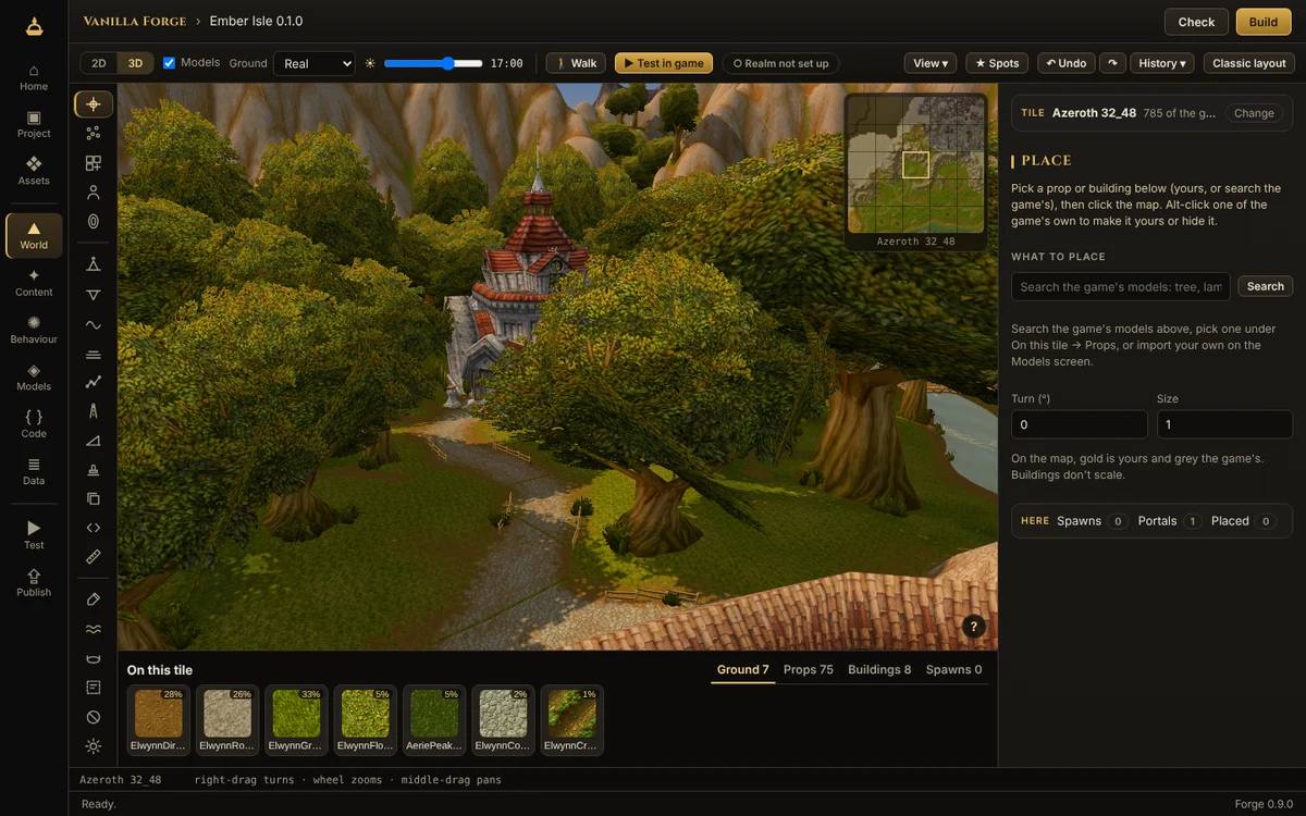 Vanilla Forge's World editor in 3D at five in the afternoon: an abbey tower among trees at the foot of the mountains, a path with wooden fences, the tools down the left, the tile navigator in the corner and the Place settings on the right