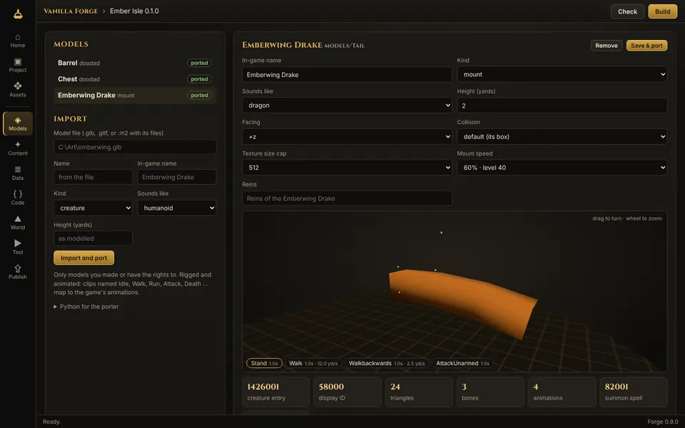 The Models screen: an imported model shown in 3D with its animations, kind set to mount, and its creature, display and summon spell IDs