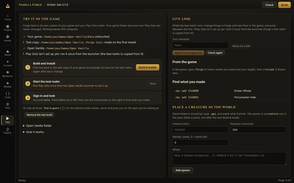The Test screen: your game marked untouched, a test copy beside it, three numbered steps to build, start the test realm and sign in, and Live Link with the commands to find what you made