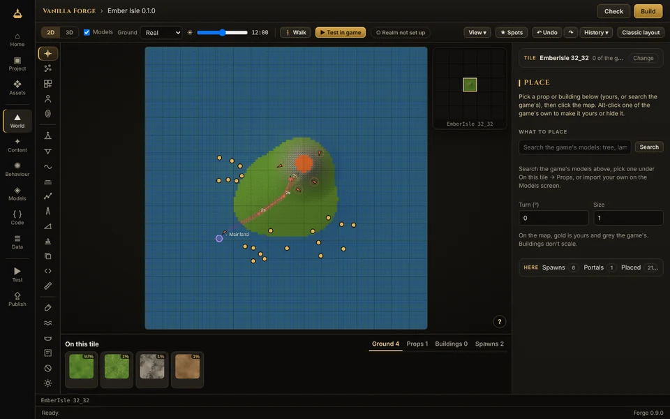 The World editor from above: the island with a road laid to the volcano, a creature's patrol path with its waits, spawns and a ferry portal, the tile navigator beside it and the tile's ground textures below