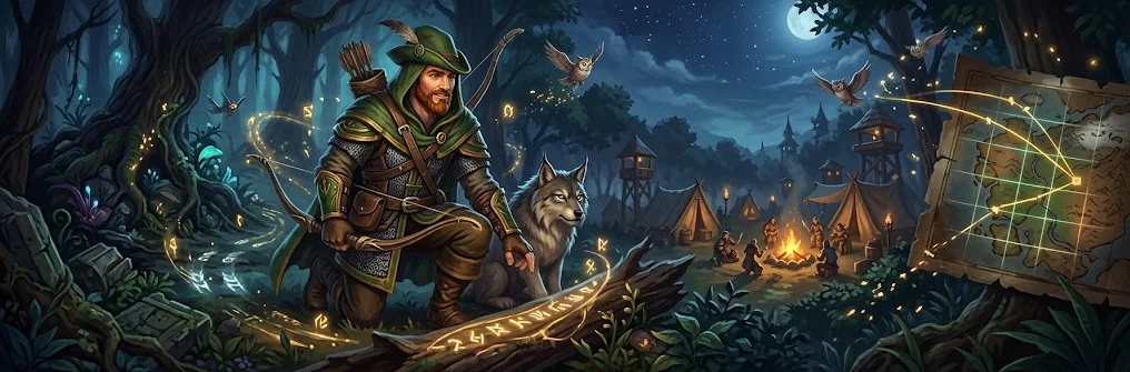 Herald, a red-bearded ranger in a green hood, kneels with his bow beside a grey wolf in a moonlit forest, runes glowing on a fallen log, a camp and a glowing map behind him