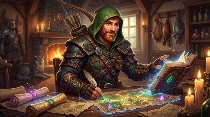 Herald, a red-bearded ranger in a green hood, plots a route on a glowing map at a tavern table, an open spellbook beside him and a grey wolf by the fire