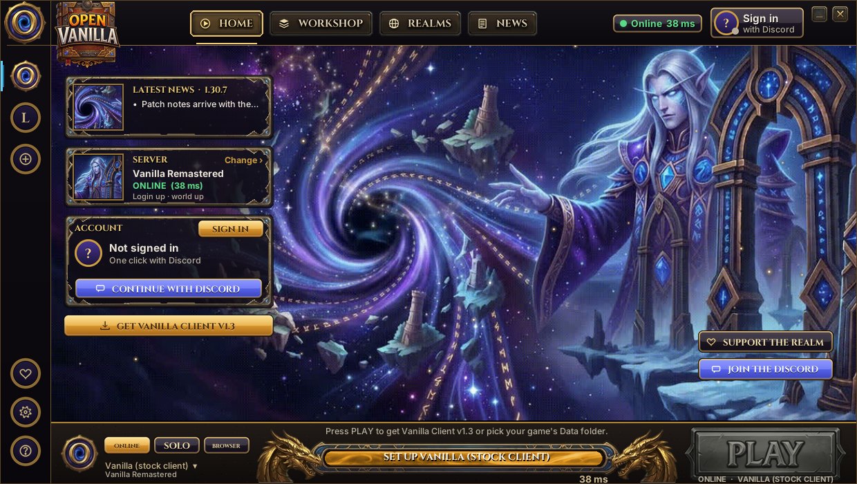The Open Vanilla launcher's home page: latest news, the realm's status, Discord sign-in, and the PLAY button with Online, Solo and Browser modes.