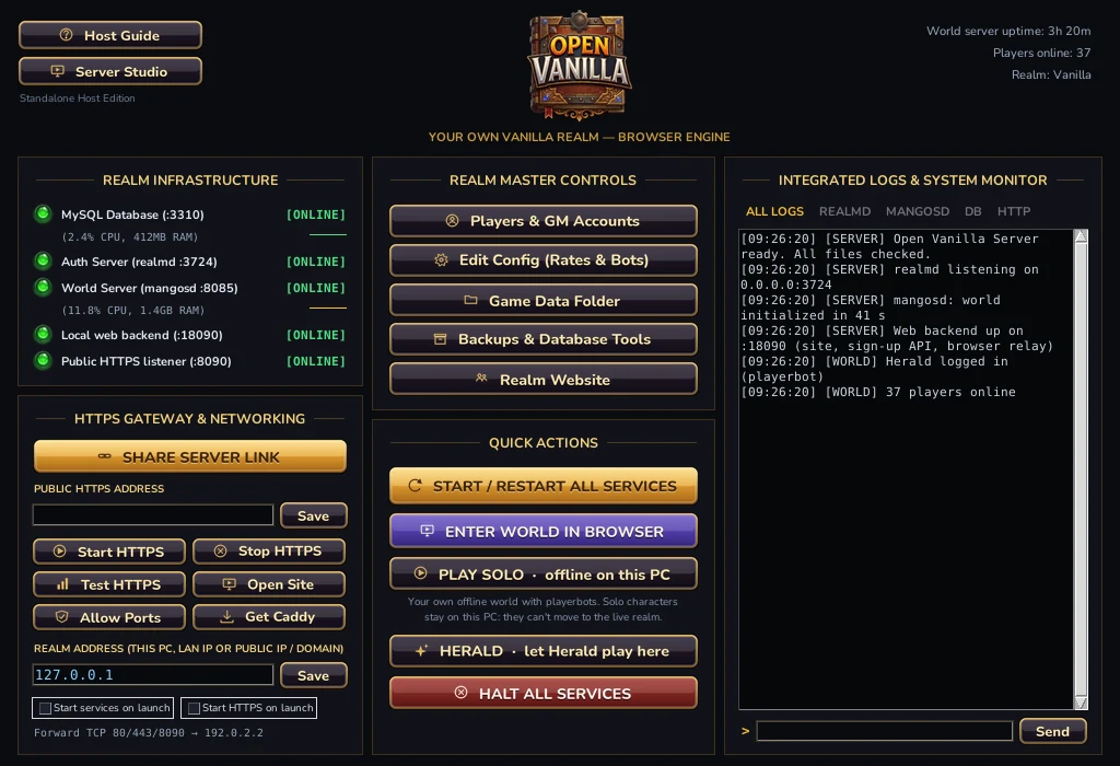 The Open Vanilla Server window: realm infrastructure status lights for MySQL, realmd, mangosd, the web backend and the public HTTPS listener; HTTPS gateway and invite-link controls; realm master controls; quick actions; and integrated logs with a command line.
