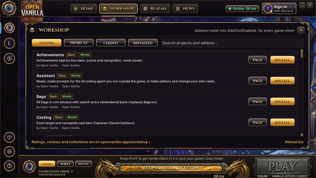 The launcher's Workshop: addons with one-click Install, plus projects, game clients and what's installed.