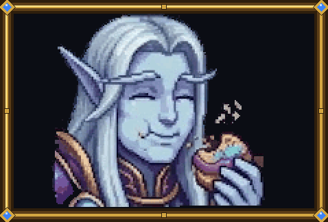 Orion, a blue-skinned elf with long silver hair, happily eating a cookie