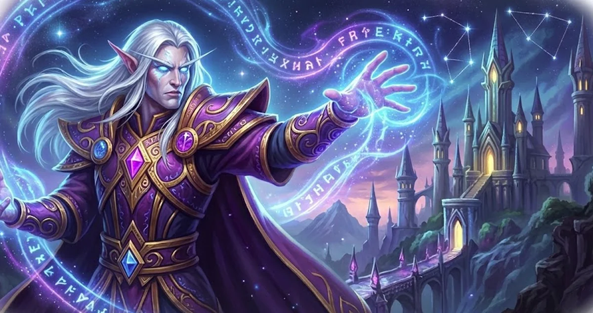A silver-haired elven mage in violet and gold robes casts glowing runes toward a starlit spired city
