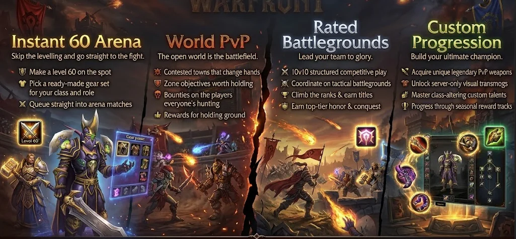 Warfront's four ways to fight: Instant 60 Arena with a ready-made gear set, World PvP over contested towns, Rated Battlegrounds for 10v10 teams, and Custom Progression with legendary PvP weapons, transmogs and seasonal rewards