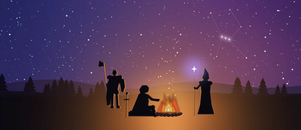 A lone adventurer sits by a campfire on a hillside at night; a companion in plate with a shield and axe stands behind, and a robed companion with a glowing staff stands across the fire, under the Orion constellation