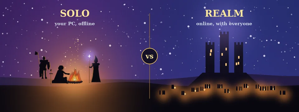 Solo versus Realm: on the left one campfire with an adventurer and two companions on your PC; on the right a hilltop keep ringed by the campfires of many players