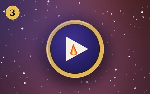 Step 3: a gold medallion with a play button and a small campfire flame