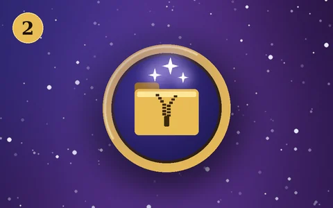 Step 2: a gold medallion with a zipped folder opening and stars spilling out