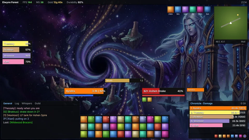Concept of Repack: flat dark panels, player and target frames either side of centre, three rows of action buttons, a square minimap, chat bottom left and the Meters window bottom right